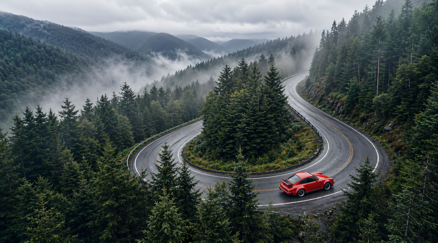 A silver 911 navigating a misty Vermont hairpin